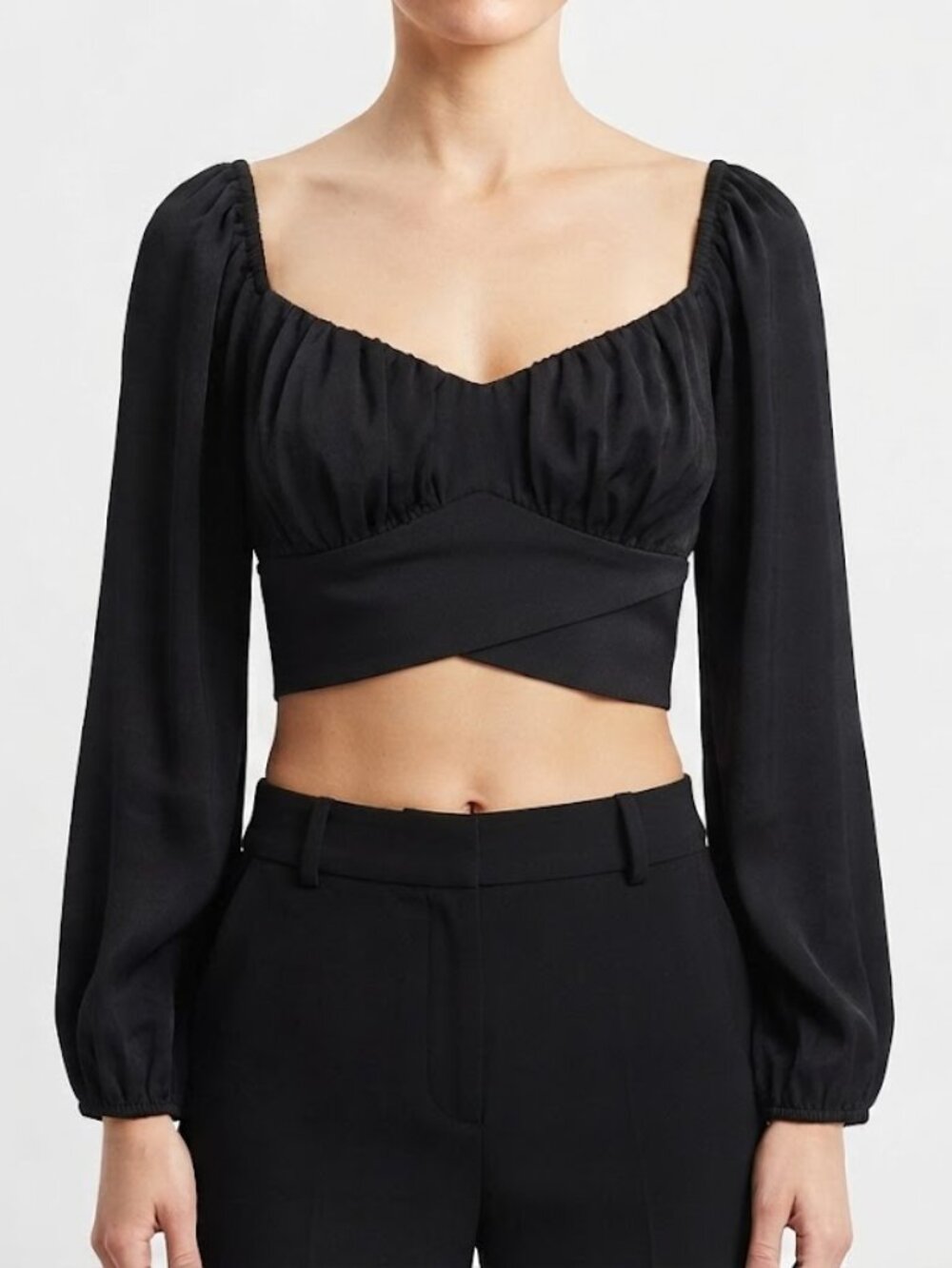 Black Long Puff Sleeve Wrap Crop Top with Back Bow Tie